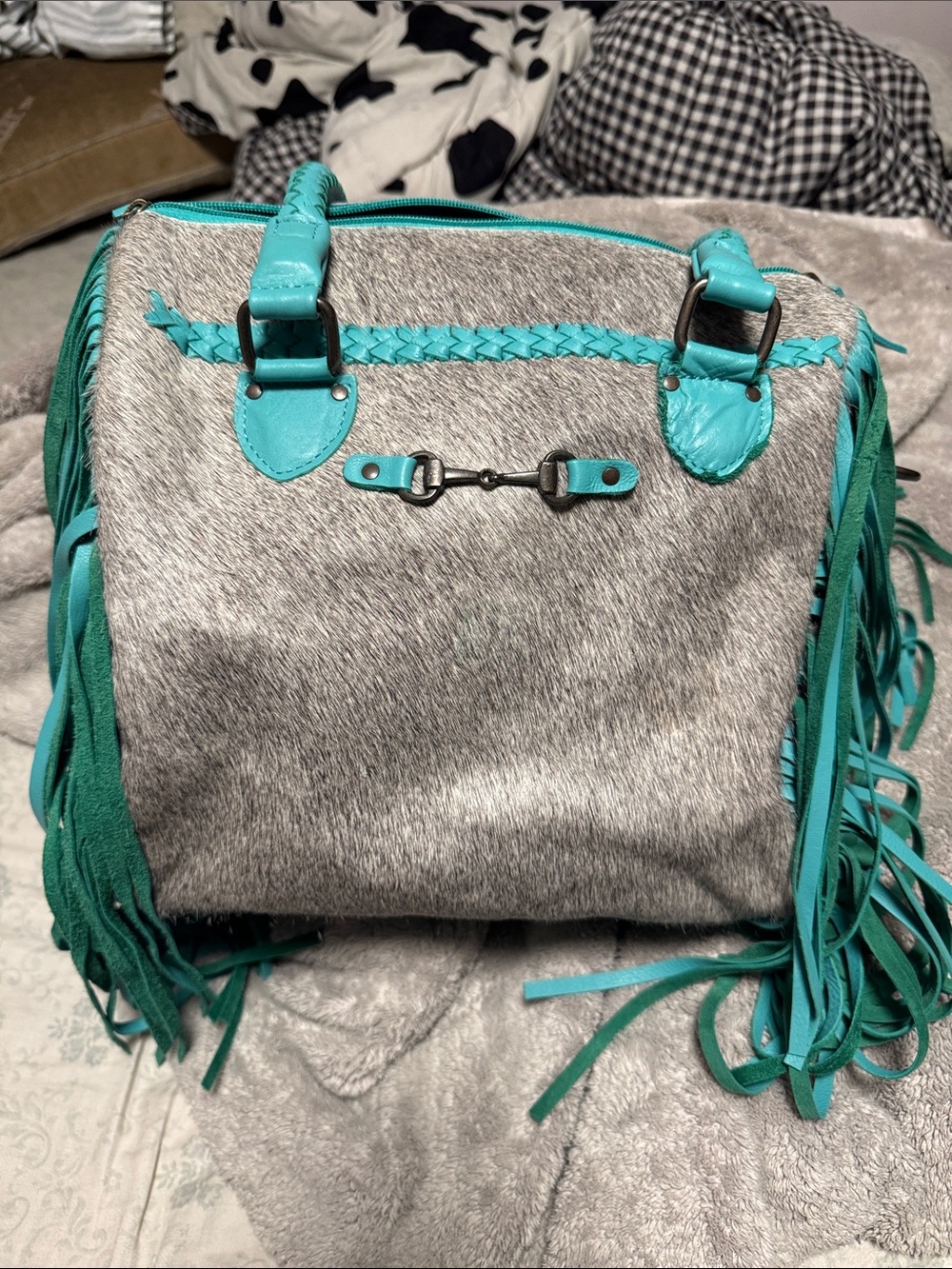 Turquoise Trim Gray Haircalf Fringe Satchel - Women Bags